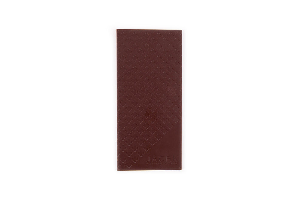 An unpackaged dark chocolate bar.